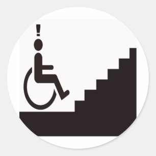 man in wheelchair in front of steps classic round sticker