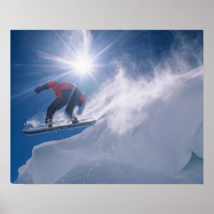Man jumping off a large cornince on a snowboard poster