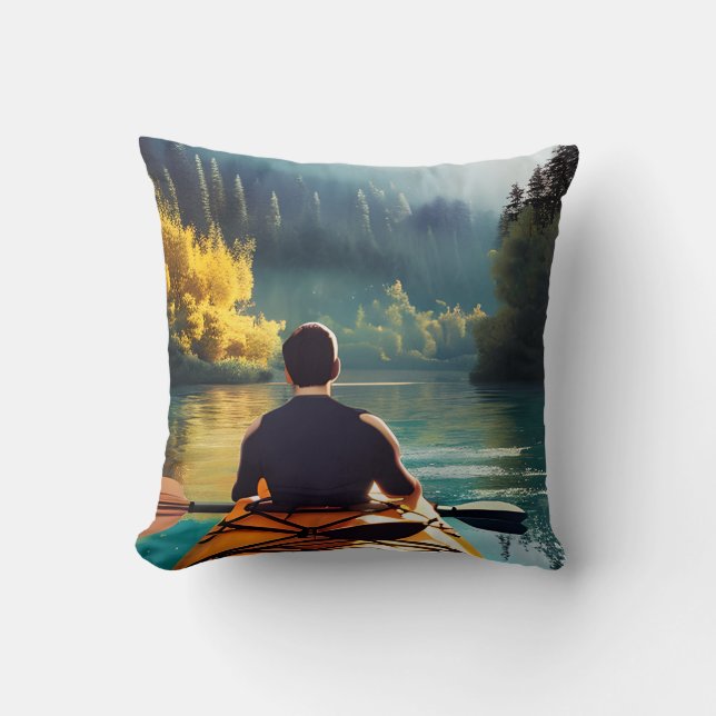 Man Kayaking on a lake surrounded by Trees  Cushion (Front)