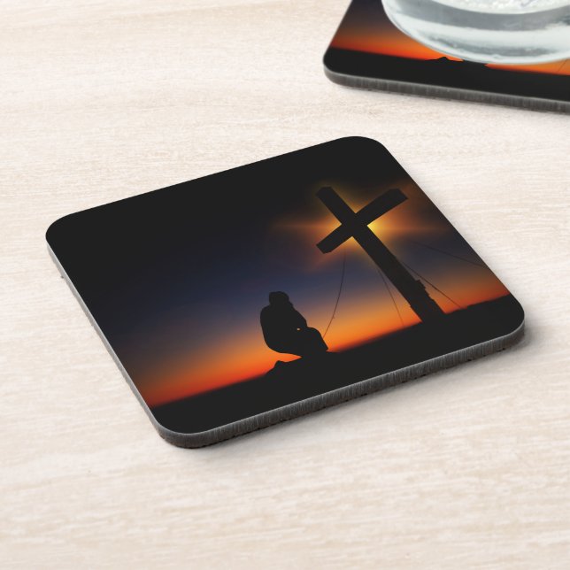 Man Kneeling before Cross Sunset Coaster (Left Side)