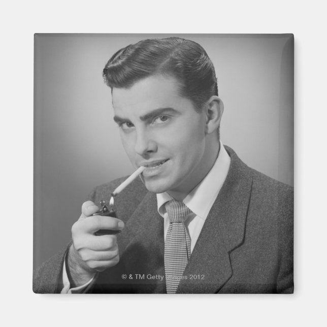 Man Lighting Cigarette Magnet (Front)