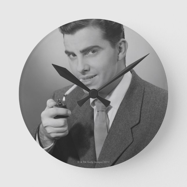 Man Lighting Cigarette Round Clock (Front)