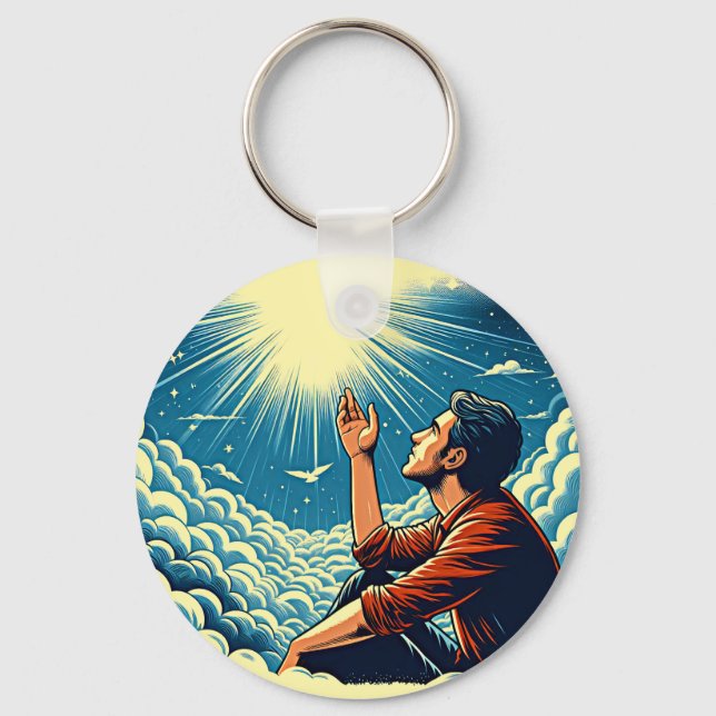 Man looking up to heaven TALKING TO gOD Key Ring (Front)