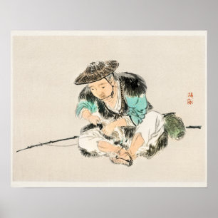 Man maintaining a fishing rod by Kōno Bairei Poster