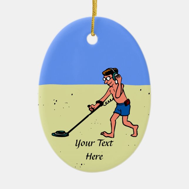Man Metal Detecting Beach Ceramic Tree Decoration (Front)