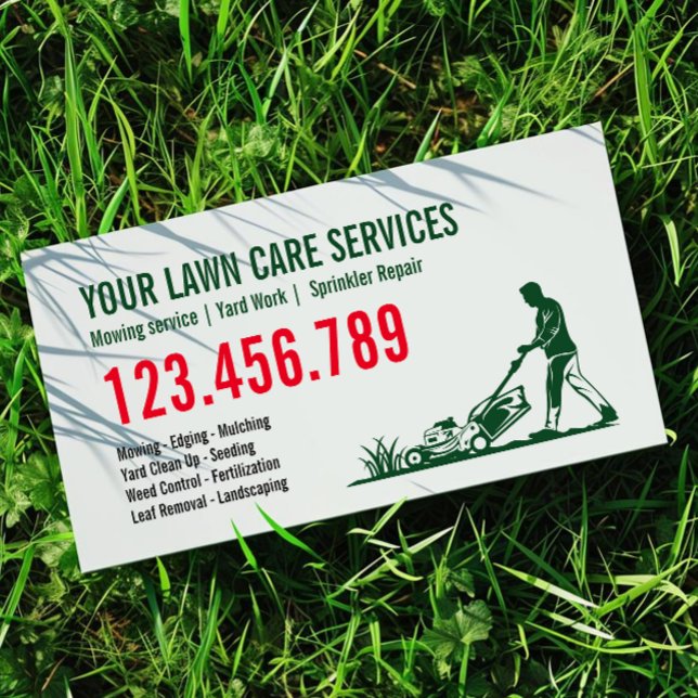 Man Mowing Grass Yarn Care Gardening Landscaping Business Card (Creator Uploaded)