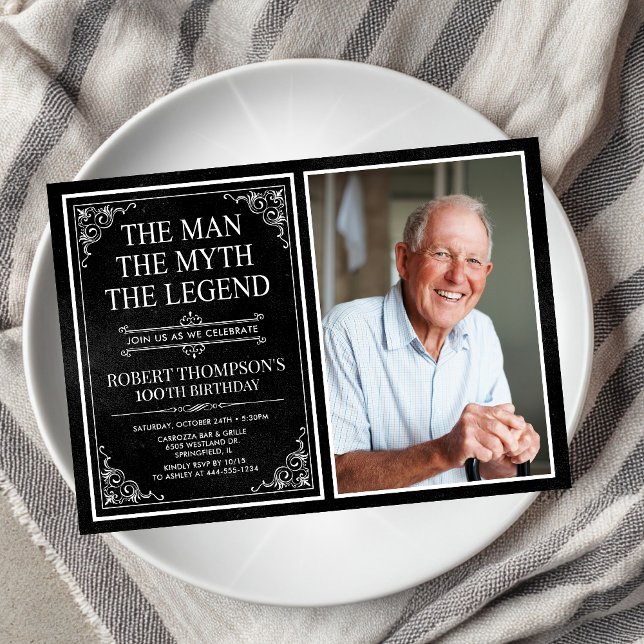Man Myth Legend Black 100th Birthday Photo Invitation (Creator Uploaded)