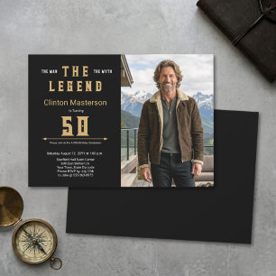 Man Myth Legend Black Gold Bold Modern 50th Photo Invitation