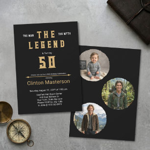 Man Myth Legend Black Gold Stately 50th Photo Invitation