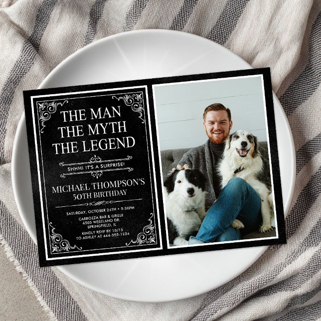 Man Myth Legend Black Surprise 50th Birthday Photo Invitation (Creator Uploaded)