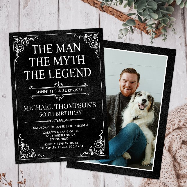 Man Myth Legend Black Surprise 50th Birthday Photo Invitation (Creator Uploaded)