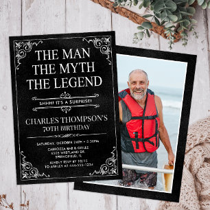 Man Myth Legend Black Surprise 70th Birthday Photo Invitation