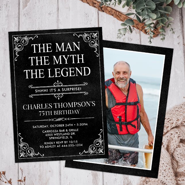 Man Myth Legend Black Surprise 75th Birthday Photo Invitation (Creator Uploaded)