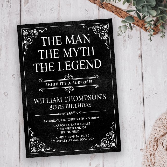 Man Myth Legend Black Surprise 80th Birthday Invitation (Creator Uploaded)