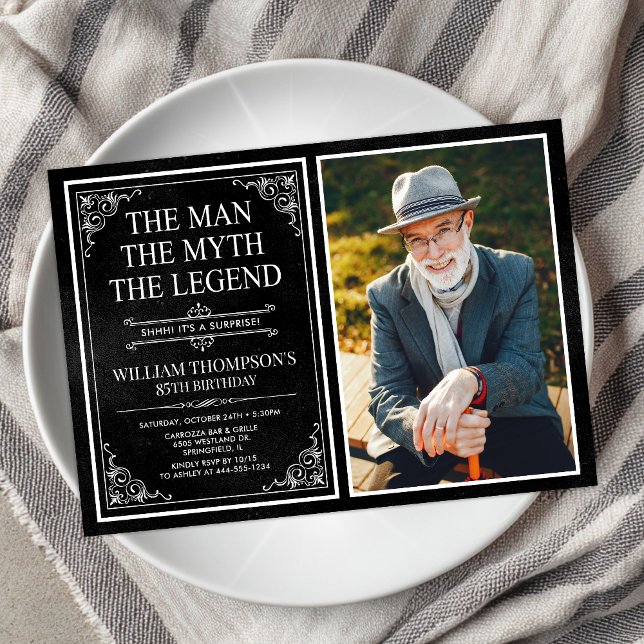 Man Myth Legend Black Surprise 85th Birthday Photo Invitation (Creator Uploaded)