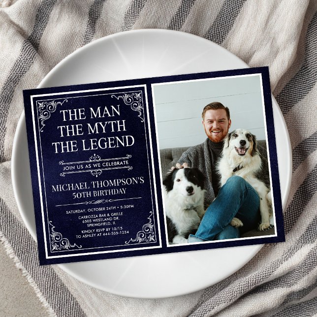Man Myth Legend Blue 60th Birthday Photo Invitation (Creator Uploaded)