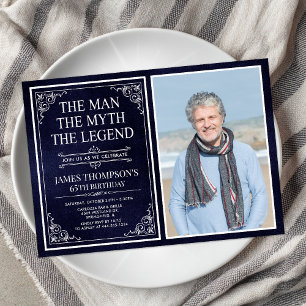Man Myth Legend Blue 65th Birthday Photo Invitation