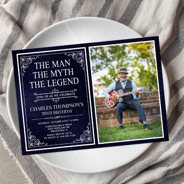 Man Myth Legend Blue 70th Birthday Photo Invitation (Creator Uploaded)