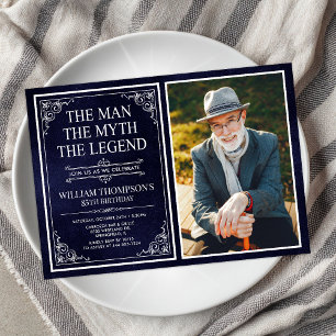 Man Myth Legend Blue 85th Birthday Photo Invitation