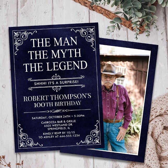 Man Myth Legend Blue Surprise 100 Birthday Photo Invitation (Creator Uploaded)
