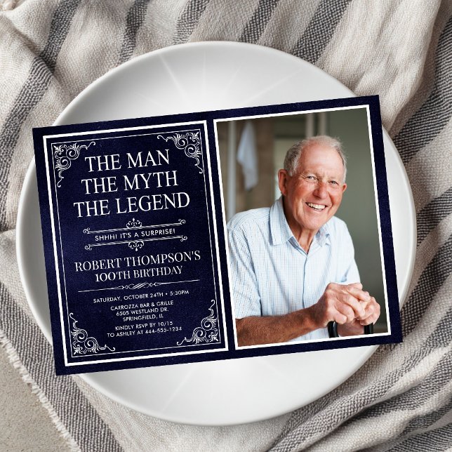 Man Myth Legend Blue Surprise 100th Birthday Photo Invitation (Creator Uploaded)