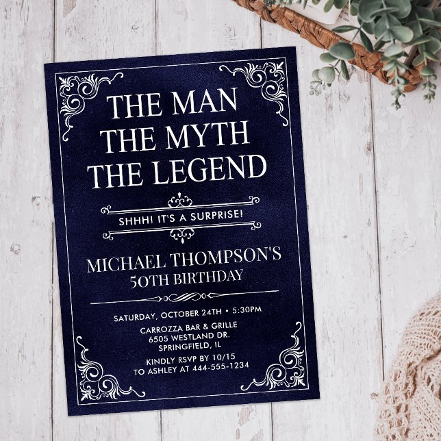 Man Myth Legend Blue Surprise 50th Birthday Invitation (Creator Uploaded)