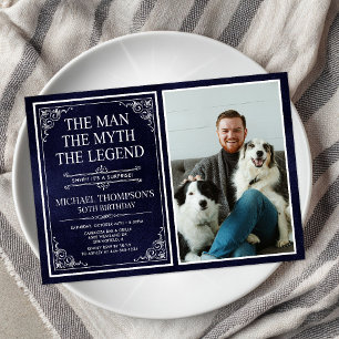 Man Myth Legend Blue Surprise 50th Birthday Photo Invitation