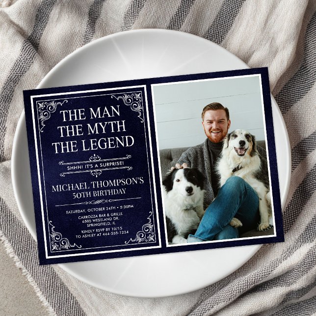 Man Myth Legend Blue Surprise 50th Birthday Photo Invitation (Creator Uploaded)