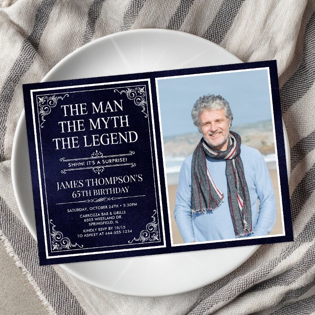 Man Myth Legend Blue Surprise 65th Birthday Photo Invitation (Creator Uploaded)