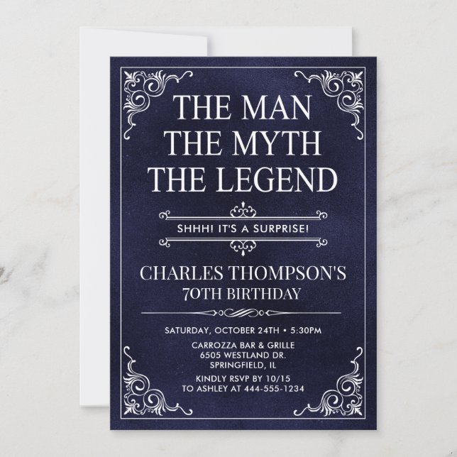 Man Myth Legend Blue Surprise 70th Birthday Photo Invitation (Front)