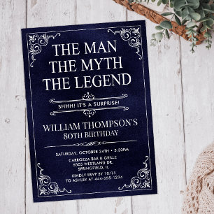 Man Myth Legend Blue Surprise 80th Birthday Invitation