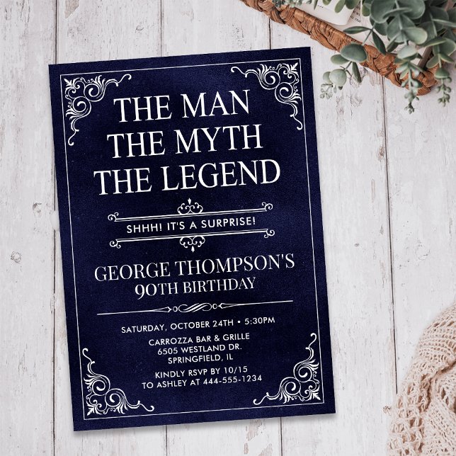Man Myth Legend Blue Surprise 90th Birthday Invitation (Creator Uploaded)