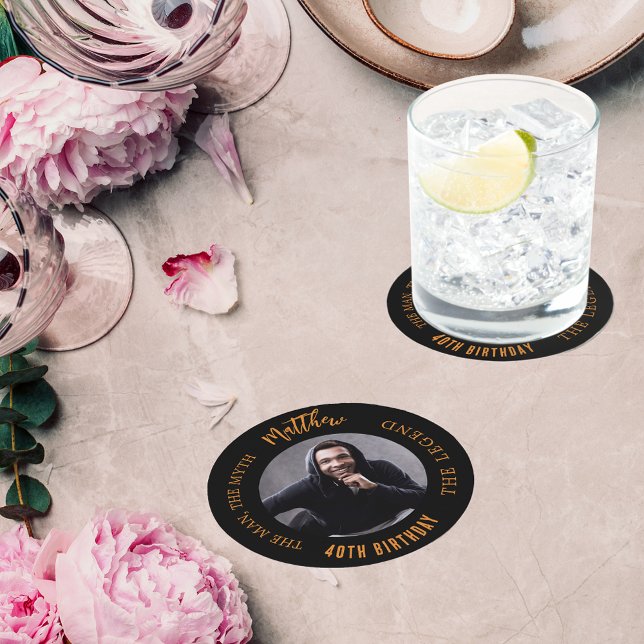 Man myth legend photo black gold birthday party round paper coaster (Creator Uploaded)