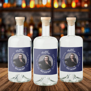 Man myth legend photo blue white birthday party liquor bottle label