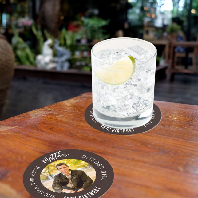 Man myth legend photo brown birthday party round paper coaster (Creator Uploaded)