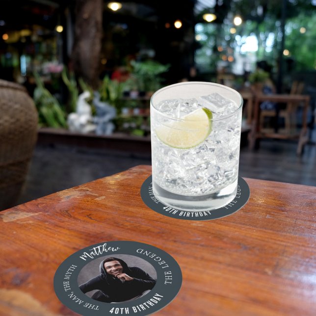 Man myth legend photo charcoal grey birthday party round paper coaster (Creator Uploaded)