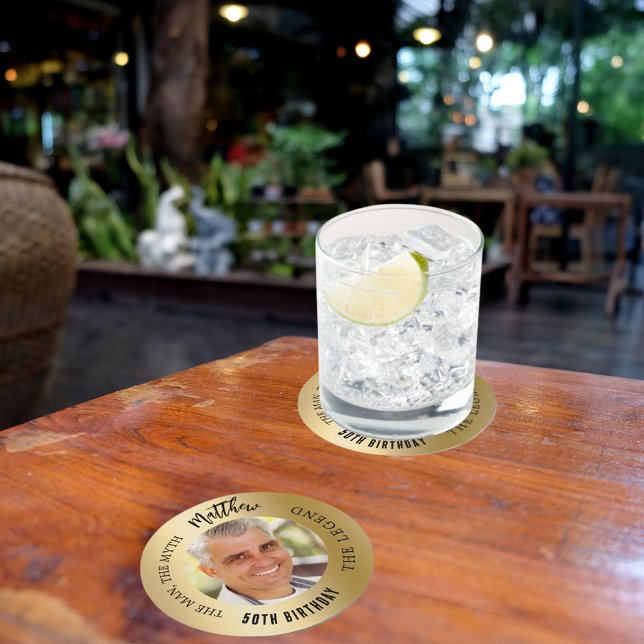 Man myth legend photo gold birthday party round paper coaster (Creator Uploaded)