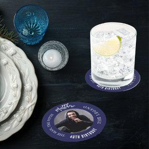 Man myth legend photo navy blue birthday party round paper coaster