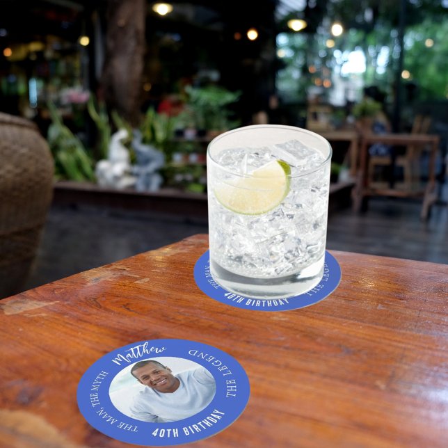 Man myth legend photo royal blue birthday party round paper coaster (Creator Uploaded)