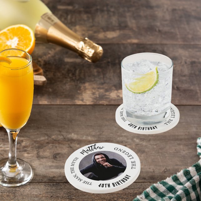 Man myth legend photo white black birthday party coaster (Creator Uploaded)