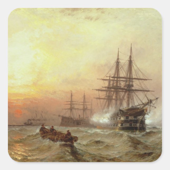 Man-o'-War firing a salute at sunset Square Sticker (Front)