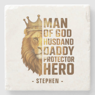 Man of God Lion Crown Design – Husband, Daddy Stone Coaster