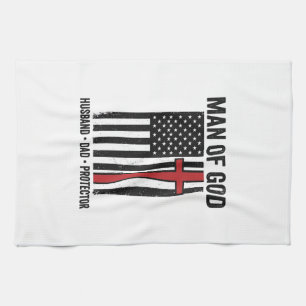 Man of God Patriotic Cross Christian Shirt Design_ Tea Towel