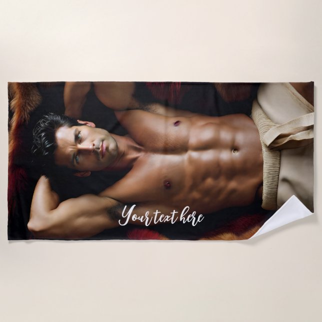 Man on a Bearskin Rug Beach Towel (Front)
