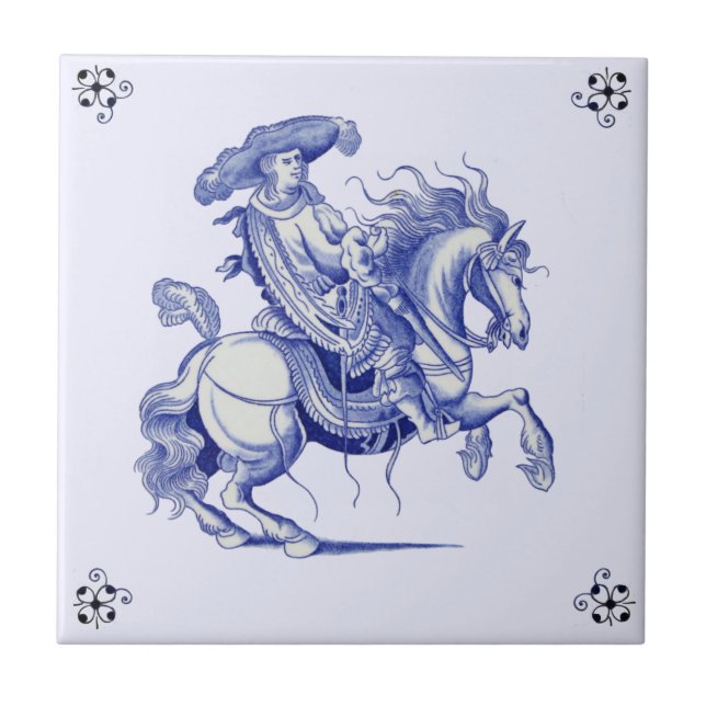 Man on Horseback Figural Blue Dutch Tile Repro (Front)