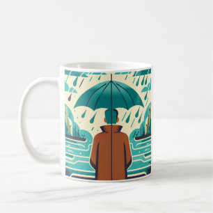 Man on rainy day umbrella coffee tea mug cup