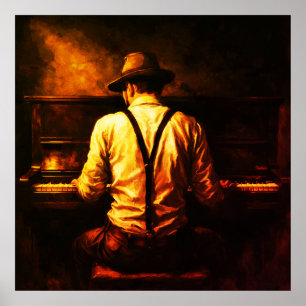 Man Playing Piano From Behind Impasto Oil Painting Poster