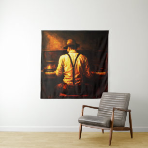 Man Playing Piano From Behind Impasto Oil Painting Tapestry
