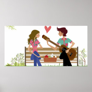 Man playing the guitar with a woman beside her poster