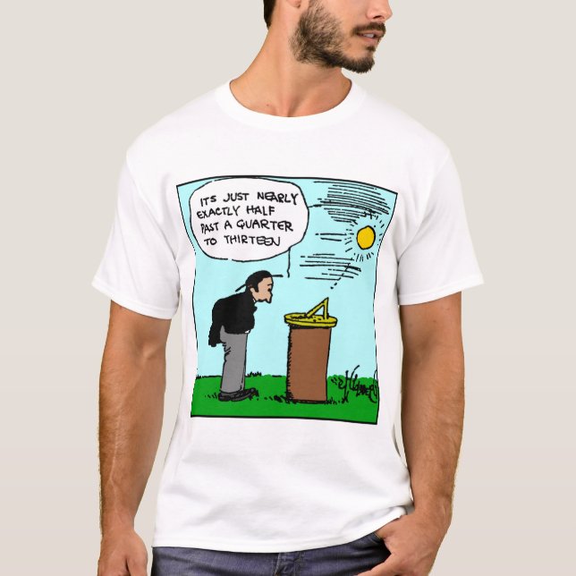 Man Reading a Sundial t-shirt (Rube Goldberg art) (Front)